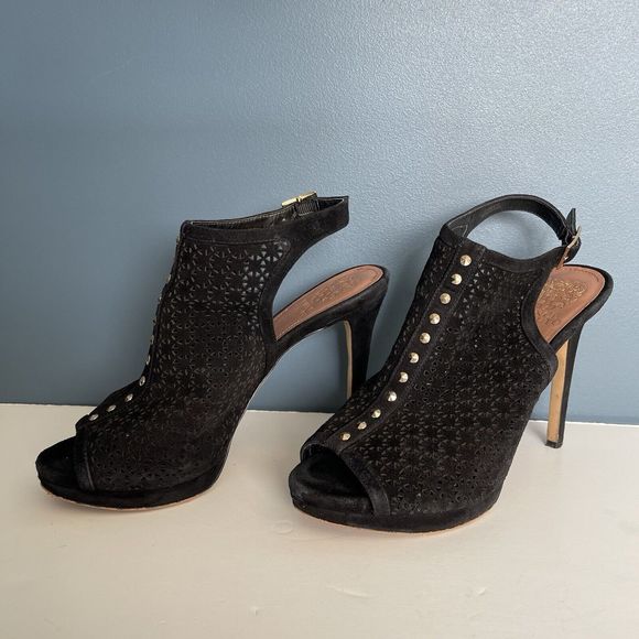 Vince‎ Camuto Womens Black Leather Peep Toe Caliope Size 7M/37 True Suede - Picture 10 of 10